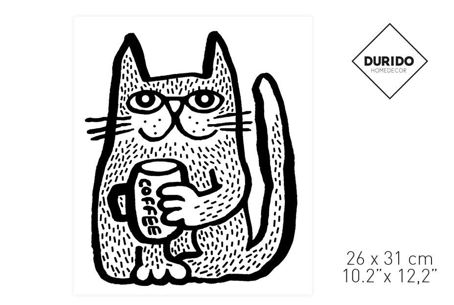 Coffee Cat Wall Decal: Repositionable Woven Polyester Decor