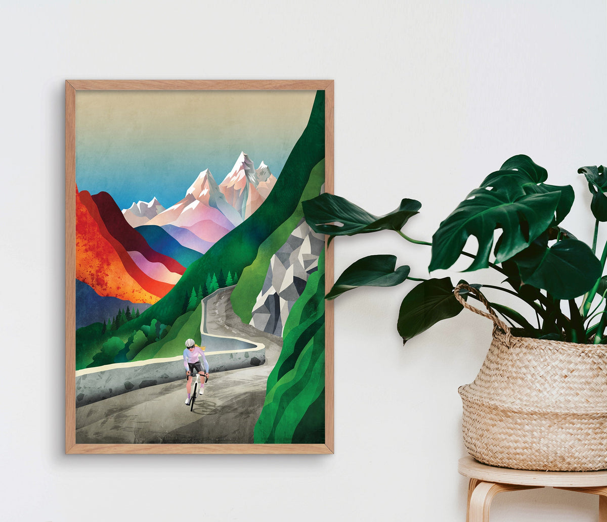 Woman Cycling Art Print | Mountain Landscape Female Cyclist Art