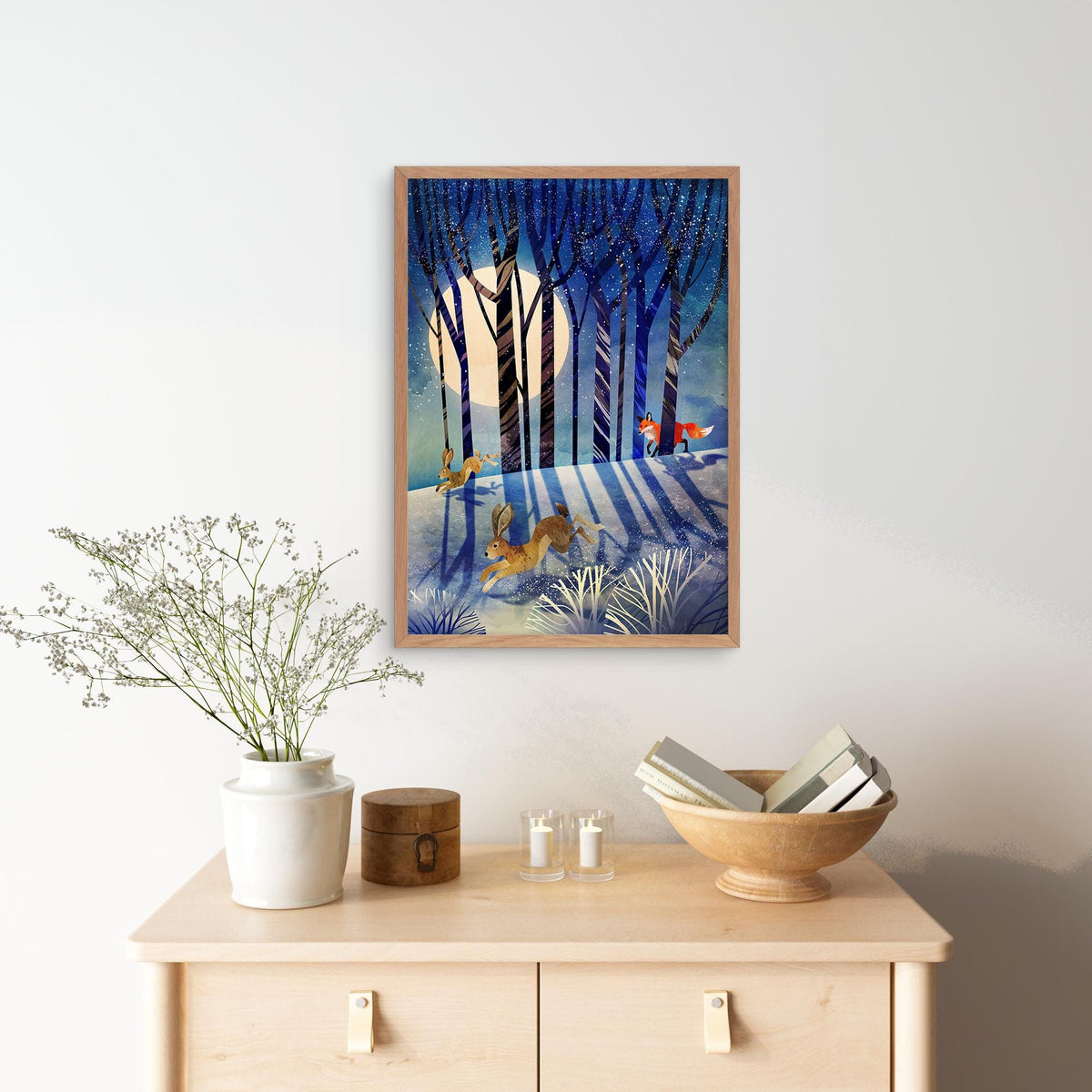 Winter Forest Art Print | Fox and Hares Snowy Landscape Wall Art