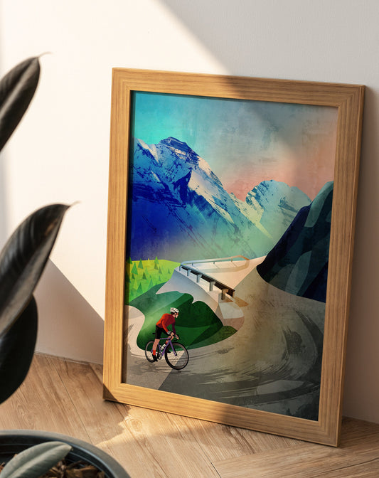 Mountain Cycling Art Print | Snow-Capped Peaks