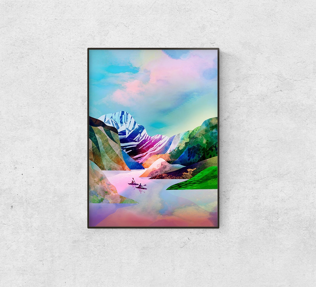 Kayaking Art Print | Kayak Lake and Mountains Wall Art