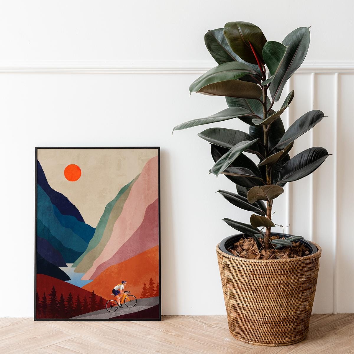 Woman Cyclist Art Print | Mountain Landscape Cycling Wall Art