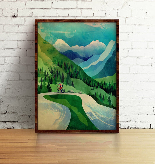 Woman Cyclist climbing the road | Cycling Art Print
