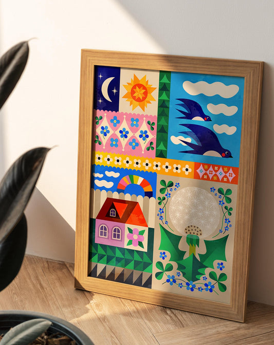 Spring Collage Art Print | Colorful Flowers Folk Wall Art
