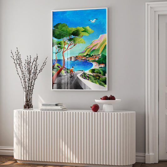Cycling by the Sea Art Print | Coastal Bicycle Ride Wall Art