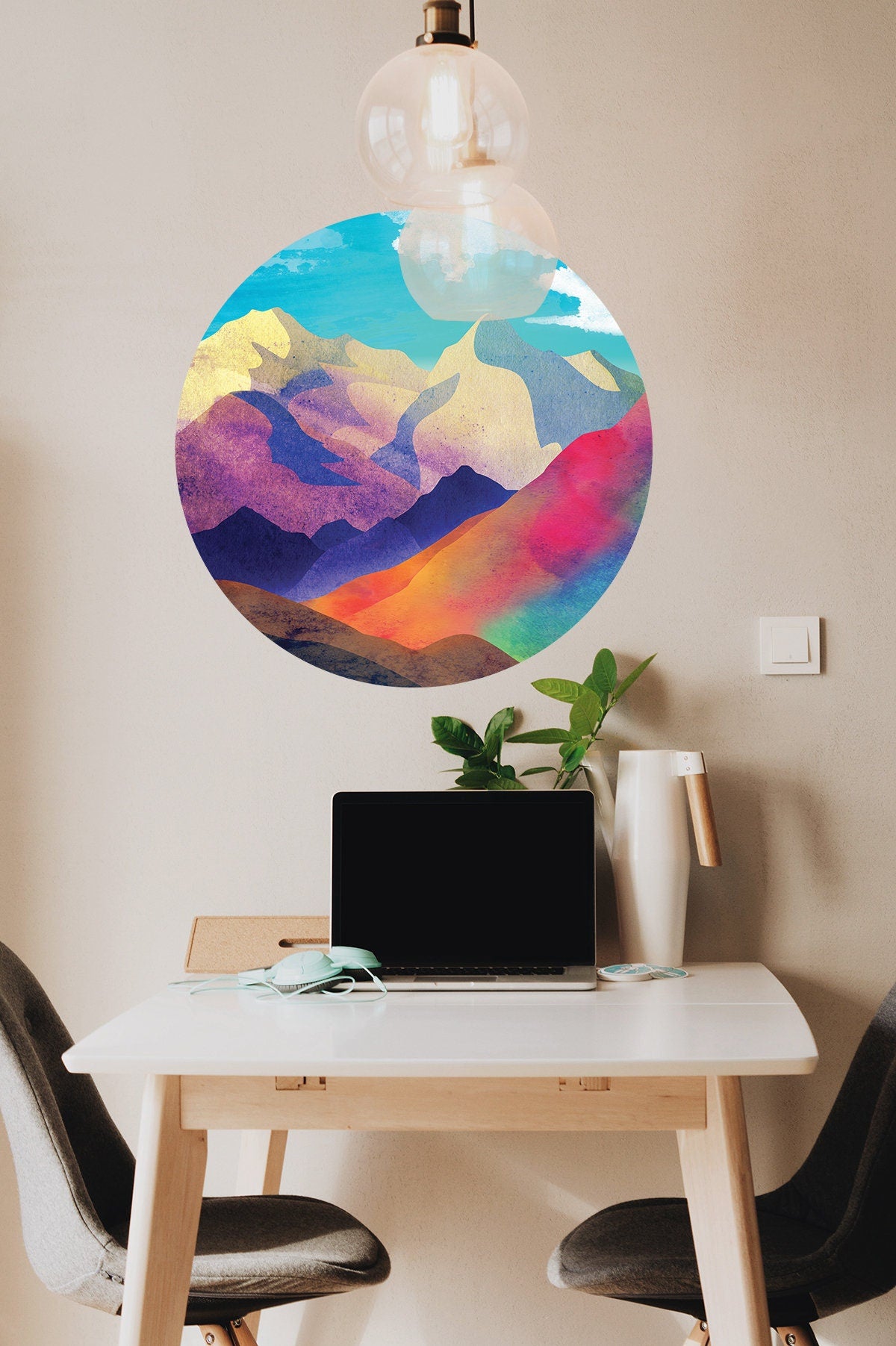 Mountain View Wall Decal | Colorful Round Removable Wall Sticker