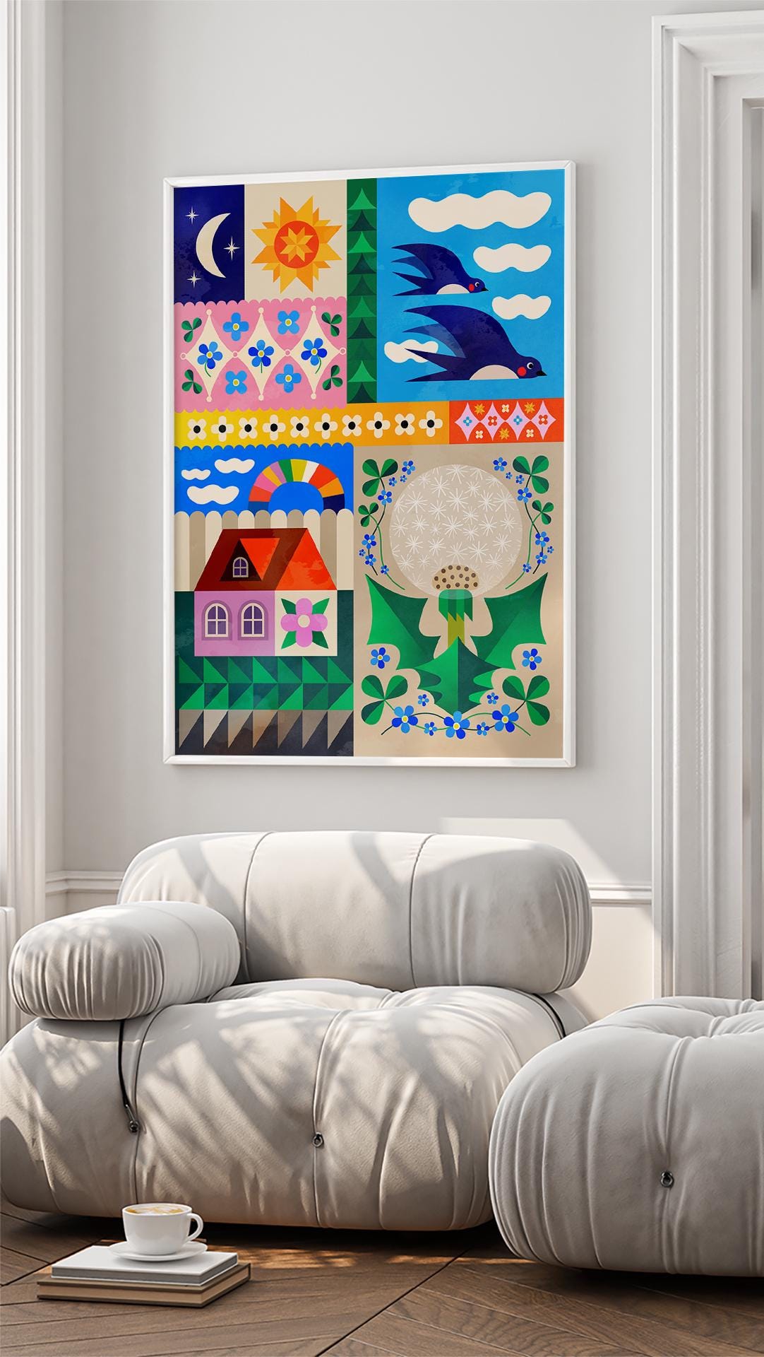 Spring Collage Art Print | Colorful Flowers Folk Wall Art