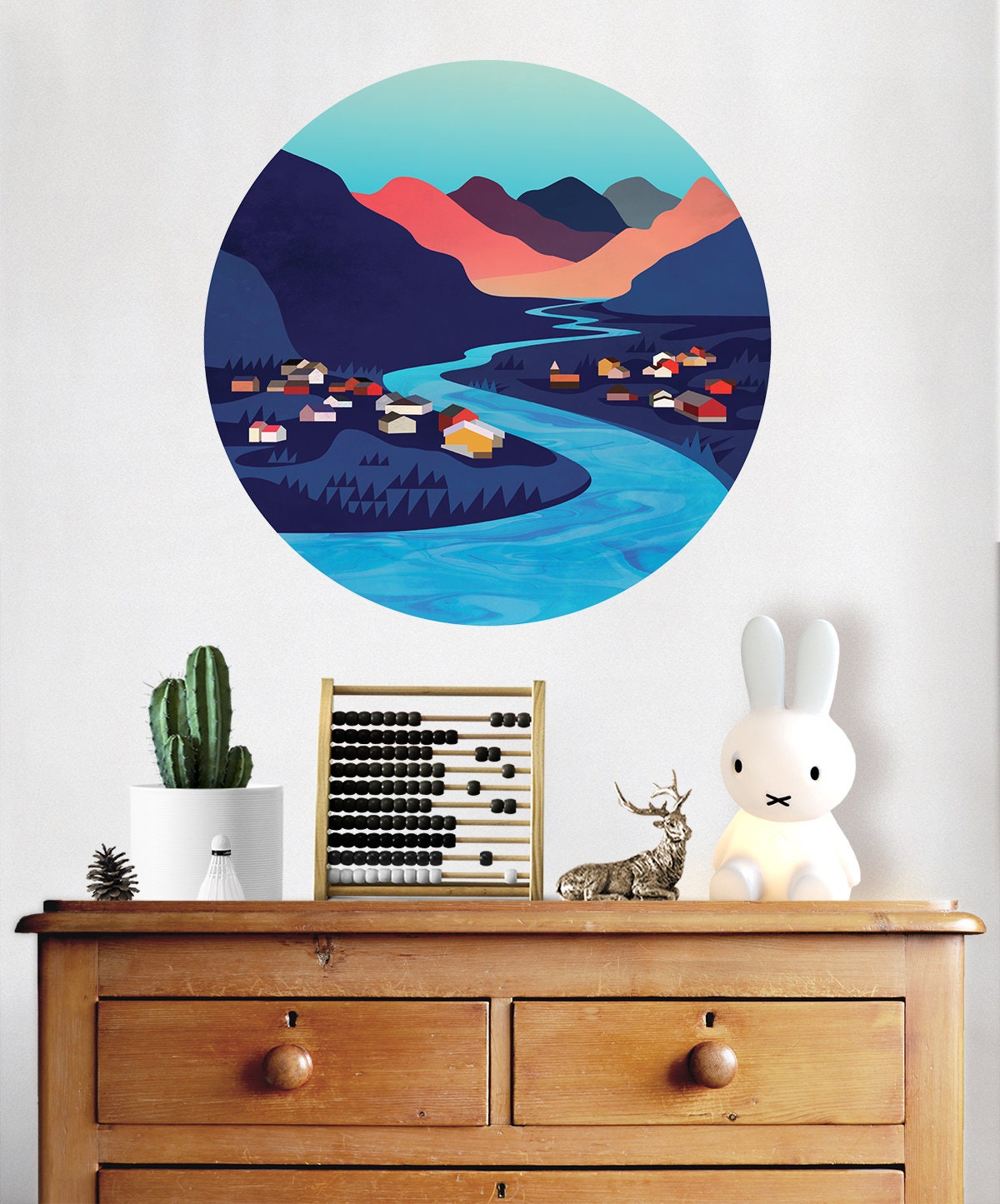 River Village Wall Decal | Round Landscape Wall Sticker