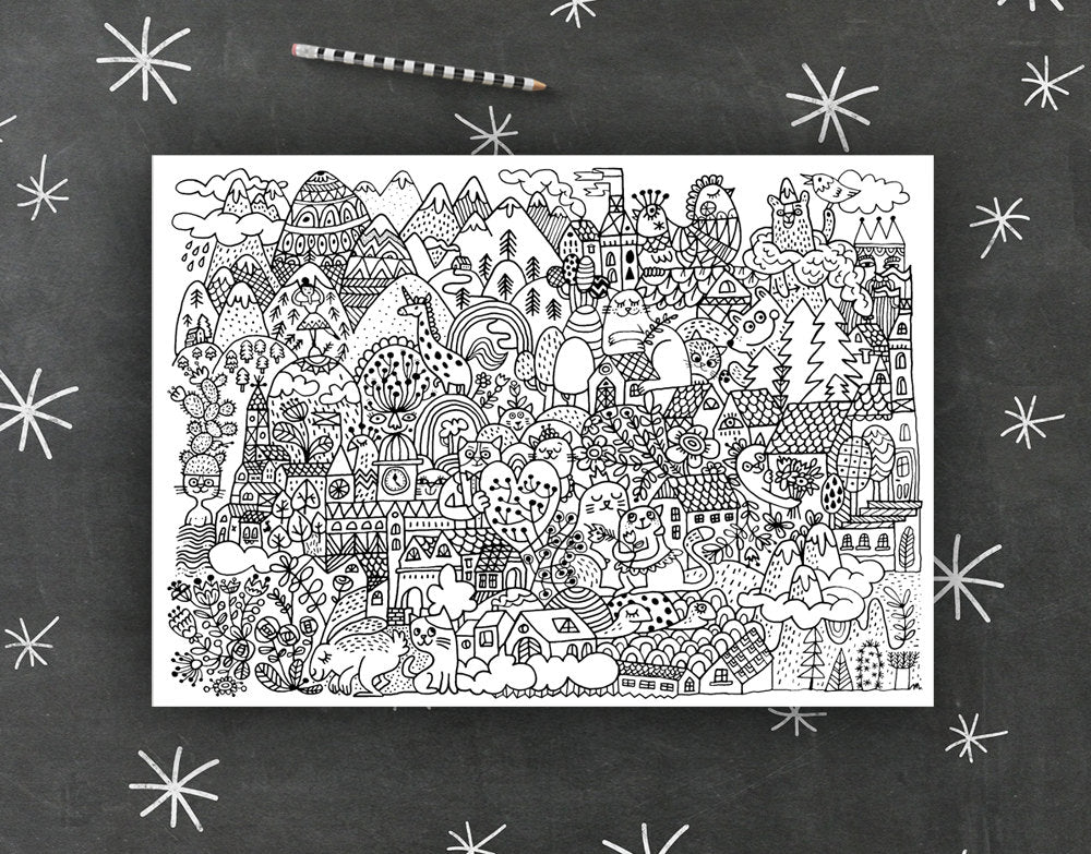 Cats Town Coloring Poster | Giant A2 Colouring Page for Kids