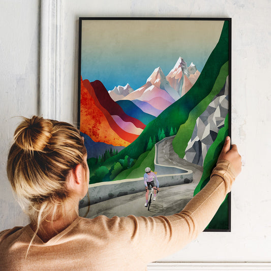 Woman Cycling Art Print | Mountain Landscape Female Cyclist Art