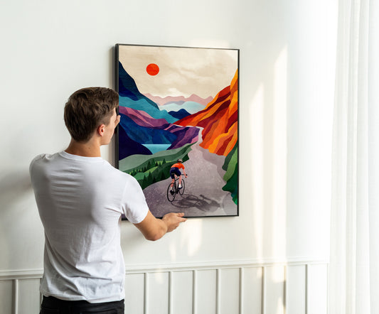 Cycling Art Print | Colorful Mountain Landscape Cyclist Gift