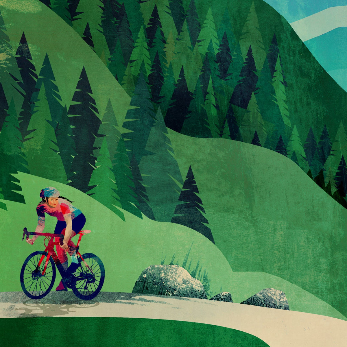 Woman Cyclist climbing the road | Cycling Art Print