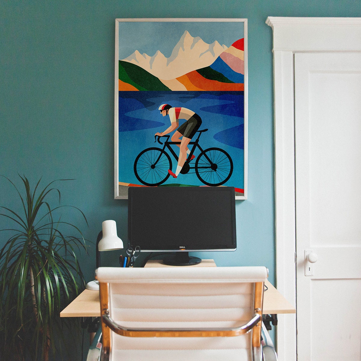 Cycling Art Print | Mountain Lake Illustration Wall Art