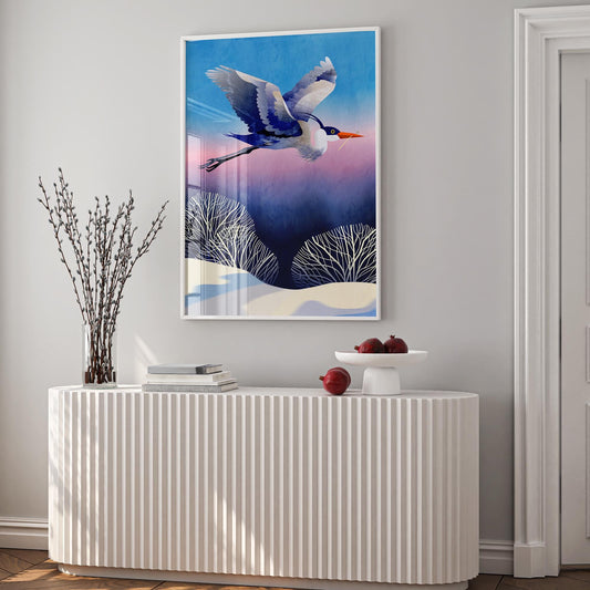 Heron Art Print | Bird Flying Over Snowy Landscape Wall Art