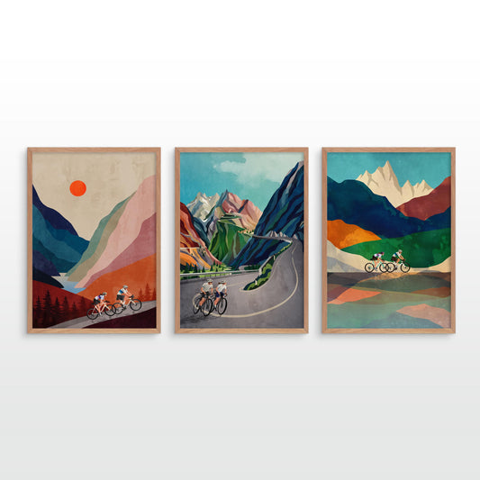 Cycling Couple Art Prints Set of 3 | Bicycle Illustration Wall Art