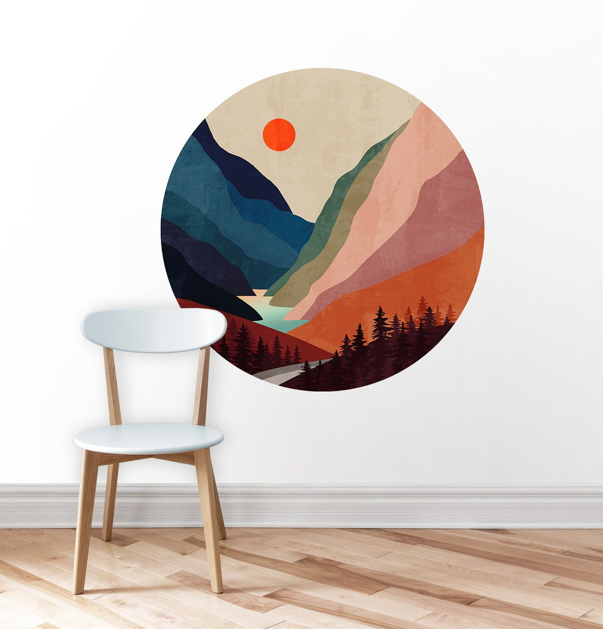 Mountain River Wall Decal | Round Removable Self-Adhesive Wall Sticker