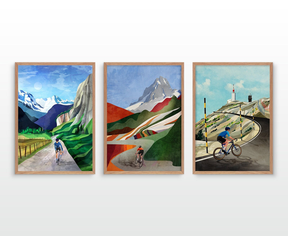 Cycling fine art prints. Set of three decorative cycling prints.