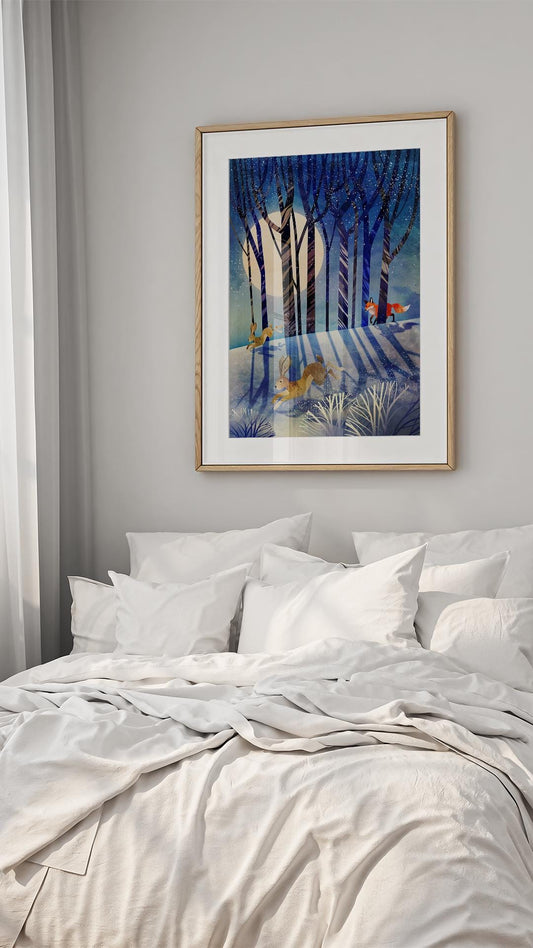 Winter Forest Art Print | Fox and Hares Snowy Landscape Wall Art