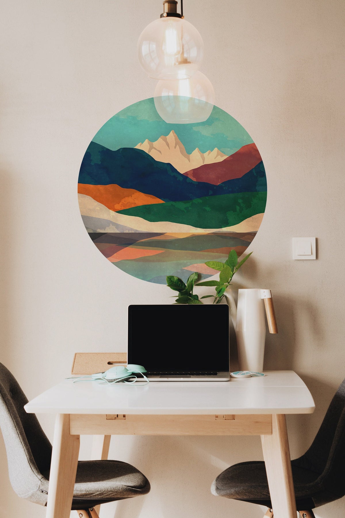 Mountain Lake Wall Decal | Colorful Round Landscape Wall Sticker