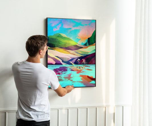 Cycling Couple Art Print | Crystal Clear Lake Bicycle Wall Art