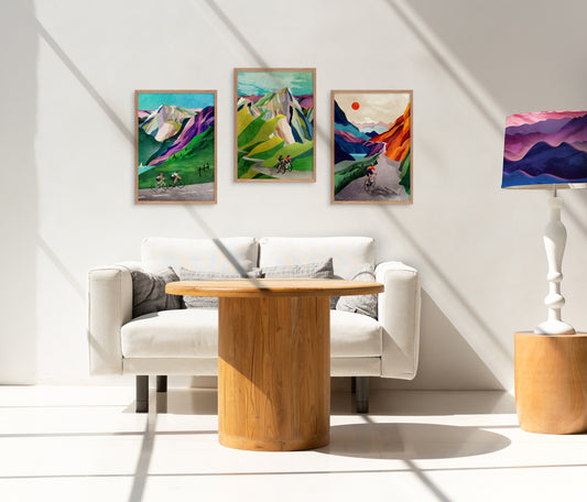 Cycling in the Alps Art Prints Set of 3 | Mountain Landscape Wall Art