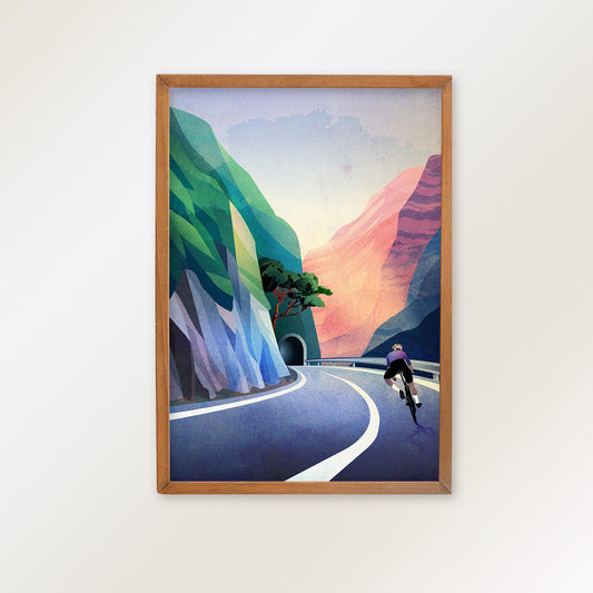 Cycling Art Print | Cyclist Descending Mountain Road Wall Art