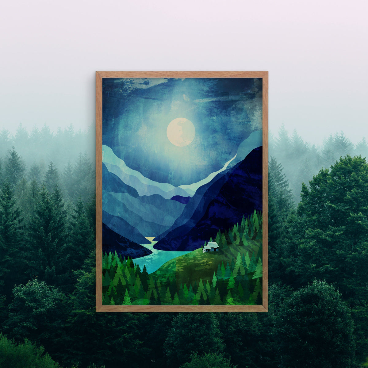 Moonlit Mountain Lake Art Print | Night Landscape Wall Art