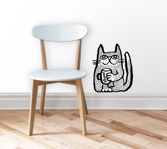 Coffee Cat Wall Decal: Repositionable Woven Polyester Decor