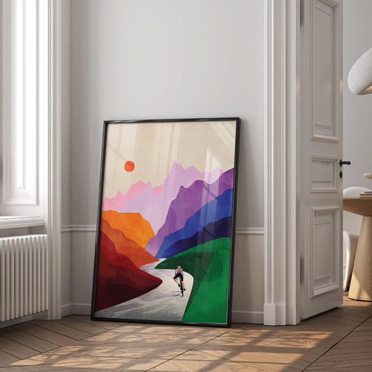 Woman Cyclist Art Print | Mountain Descent Cycling Wall Art