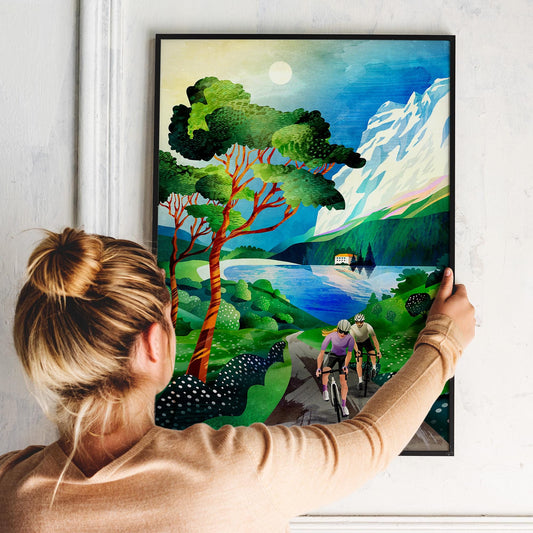 Cycling Couple Art Print | Summer Landscape Illustration