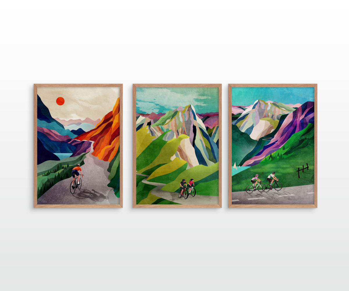 Cycling in the Alps Art Prints Set of 3 | Mountain Landscape Wall Art