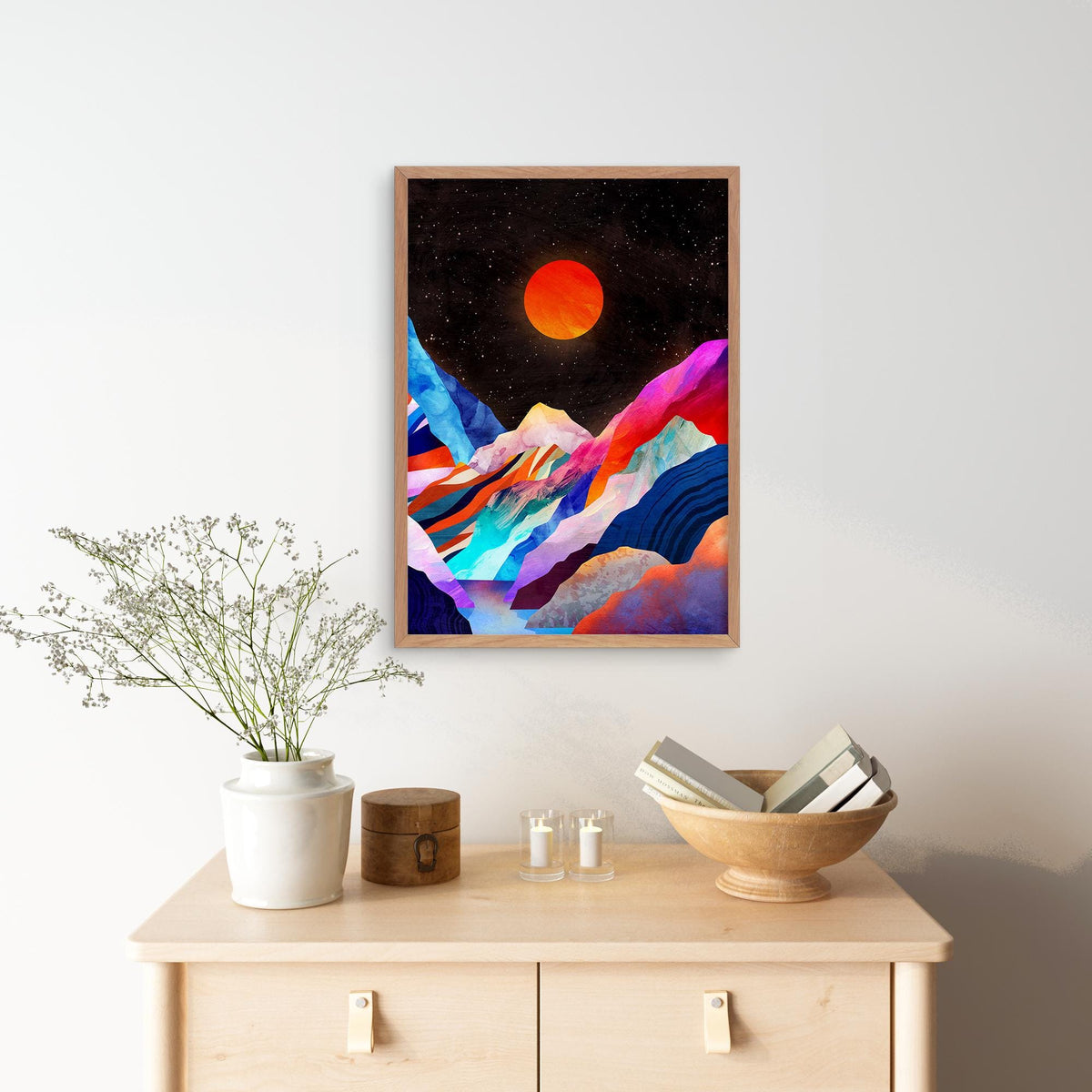 Moon Over Mountains Art Print | Celestial Landscape Wall Art