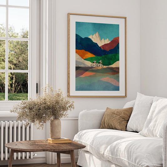 Couple Cycling Art Print | Mountain Landscape Bicycle Wall Art
