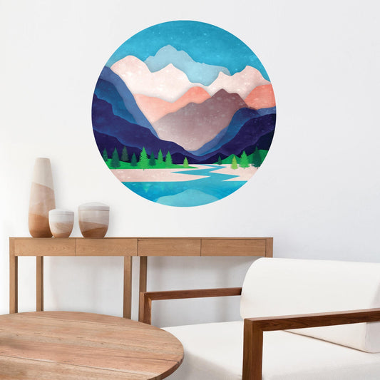 Mountain River Wall Decal | Round Self-Adhesive Removable Wall Sticker
