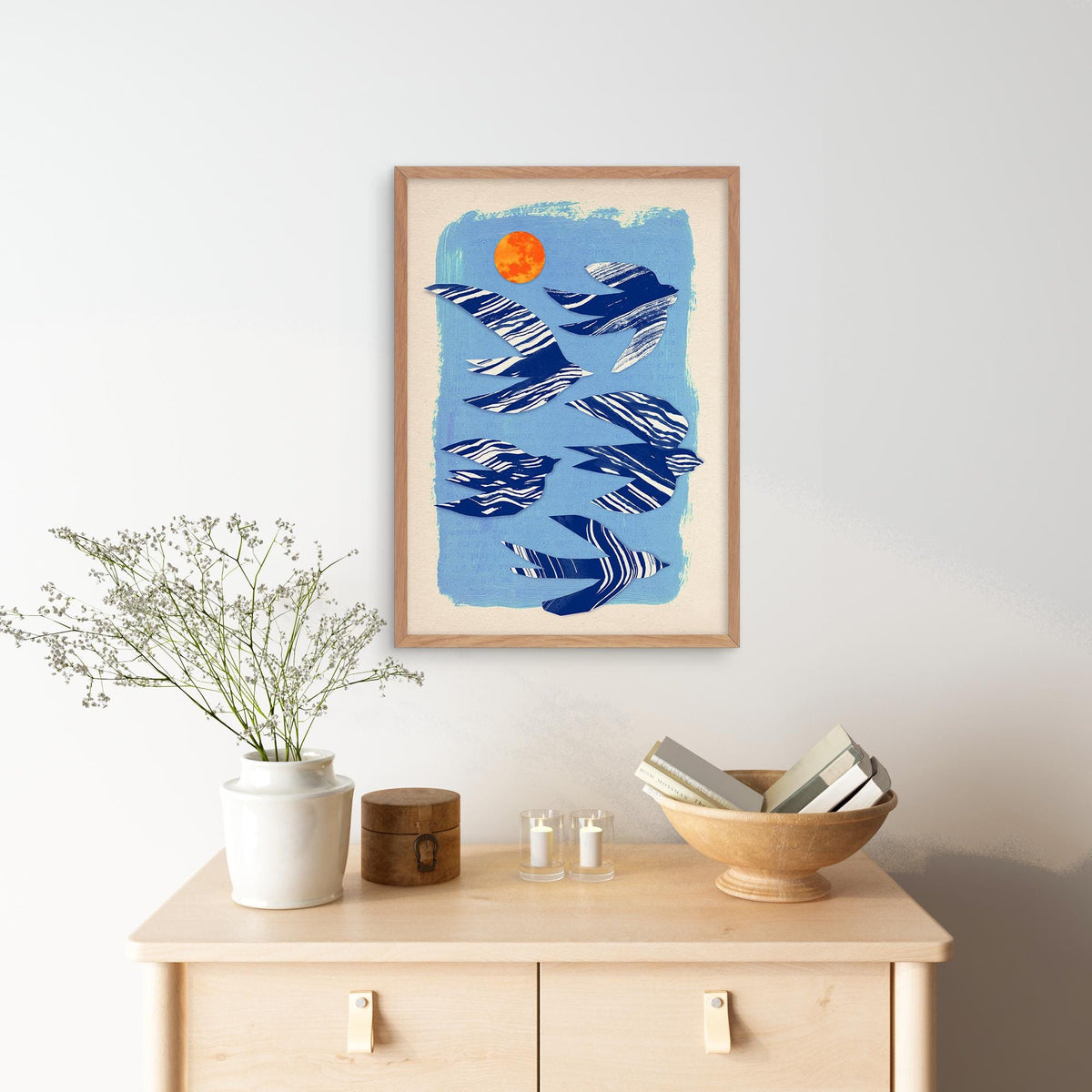 Flock of birds | Colorful fine art print created with a mixed media collage technique.