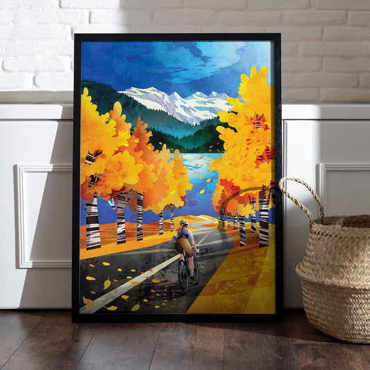 Autumn Cycling Art Print | Woman Cyclist Bicycle Wall Art