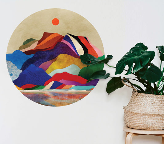 Colorful mountains wall decal. Self adhesive, repositionable and removable fabric.