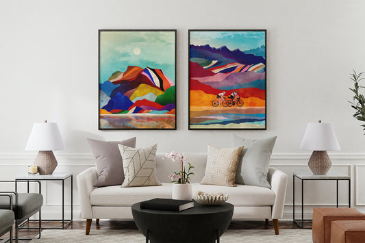 Cycling Art Prints Set of 2 | Colorful Landscape Bicycle Wall Art