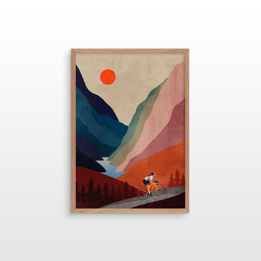 Woman Cyclist Art Print | Mountain Landscape Cycling Wall Art