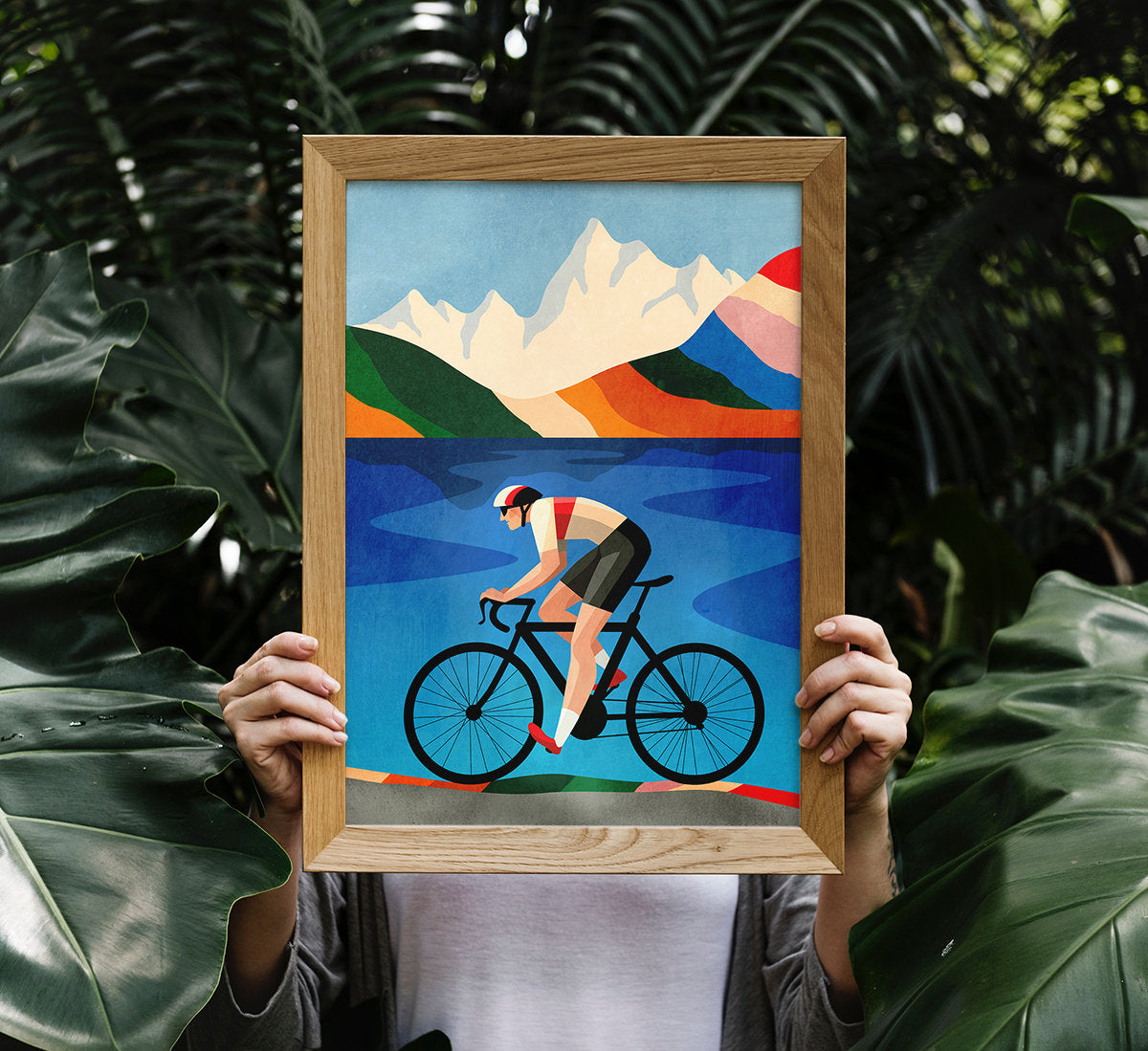 Cycling Art Print | Mountain Lake Illustration Wall Art