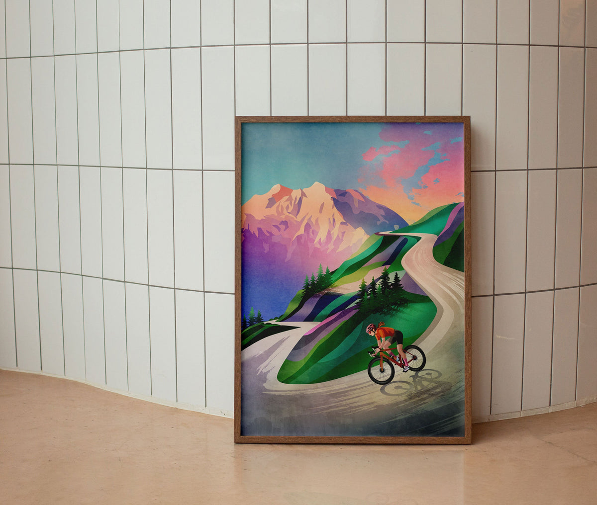 Cycling Art Print | Woman Cyclist Sunset Descent Wall Art
