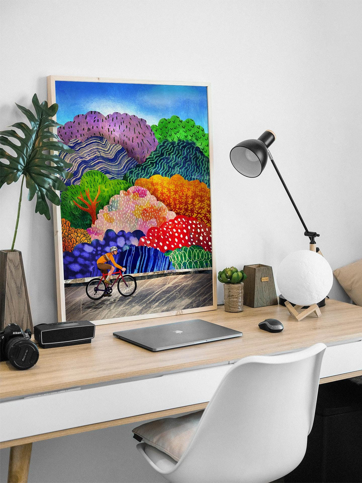 Cyclist Art Print | Colorful Forest Cycling Wall Art