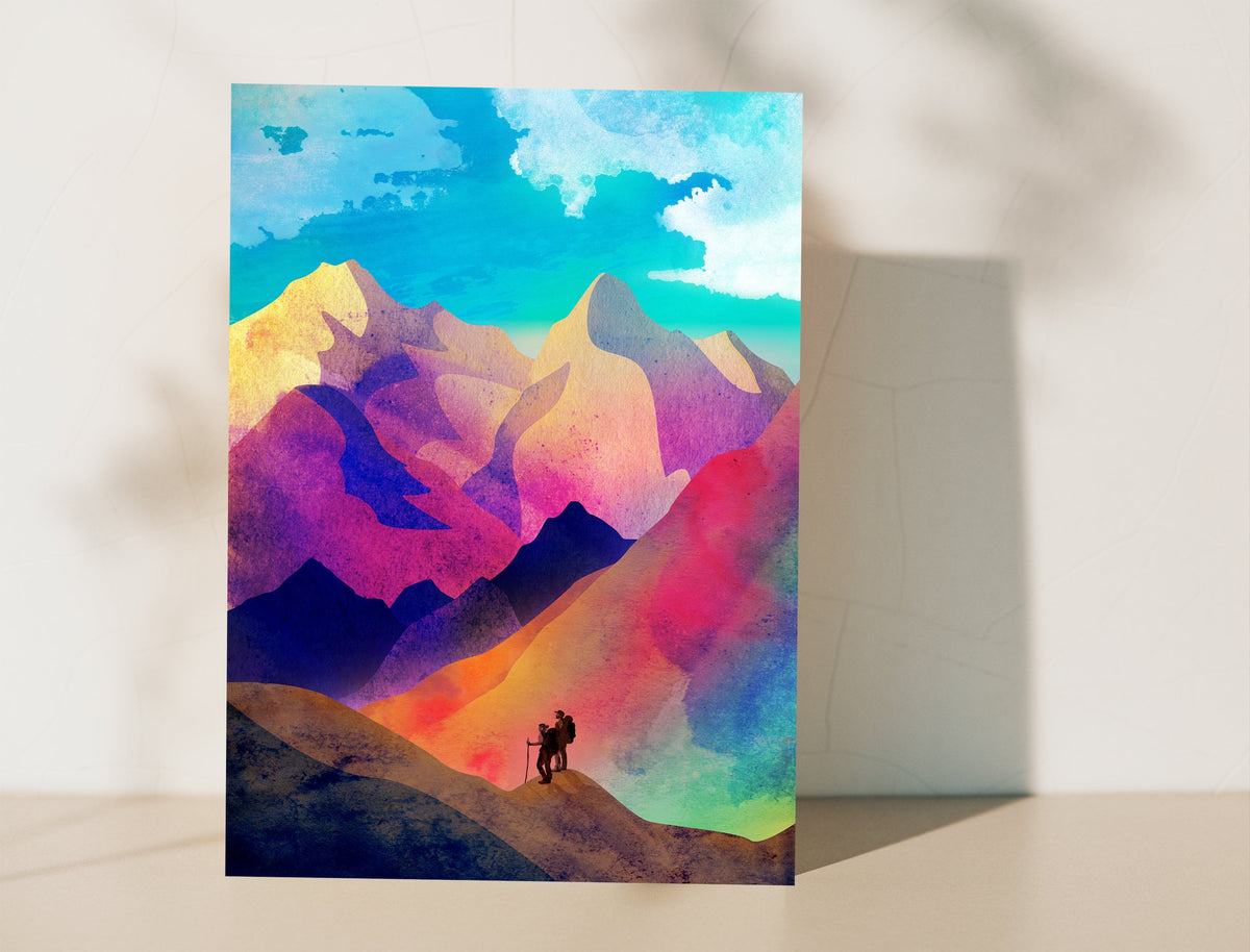 Hiking Couple Art Print | Mountain Hiking Wall Art for Home