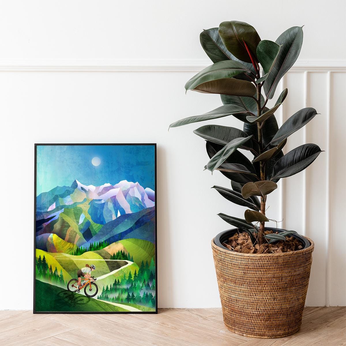 Woman Cyclist Art Print | Mountain Landscape Illustration