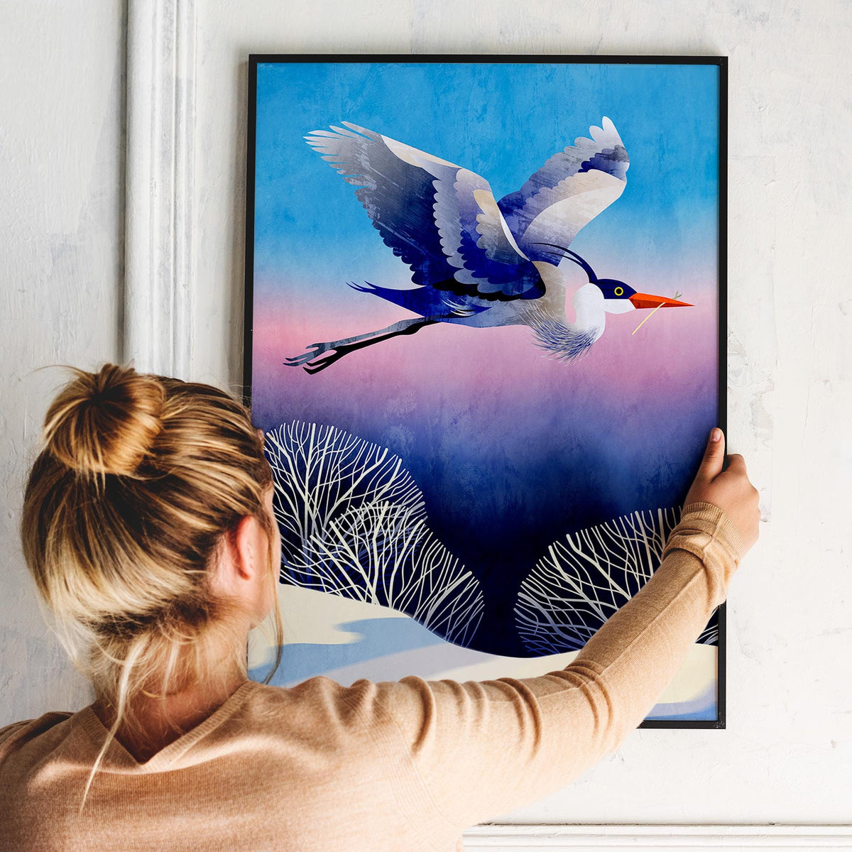 Heron Art Print | Bird Flying Over Snowy Landscape Wall Art