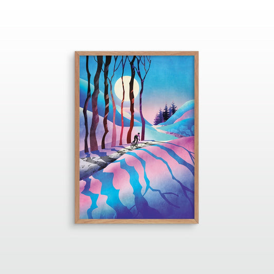Art print depicting a stylized winter landscape with pink and blue hills, dark tree silhouettes, a pale moon, and a small figure on a path, shown against a light gray wall.