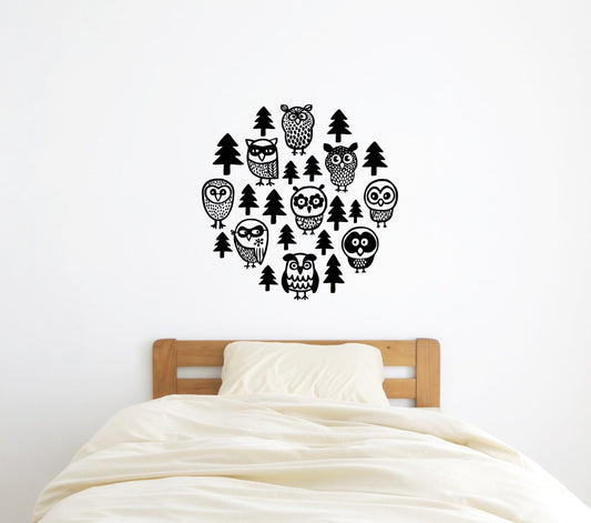 Woodland Owl Wall Decals | 9 Owls & 15 Trees