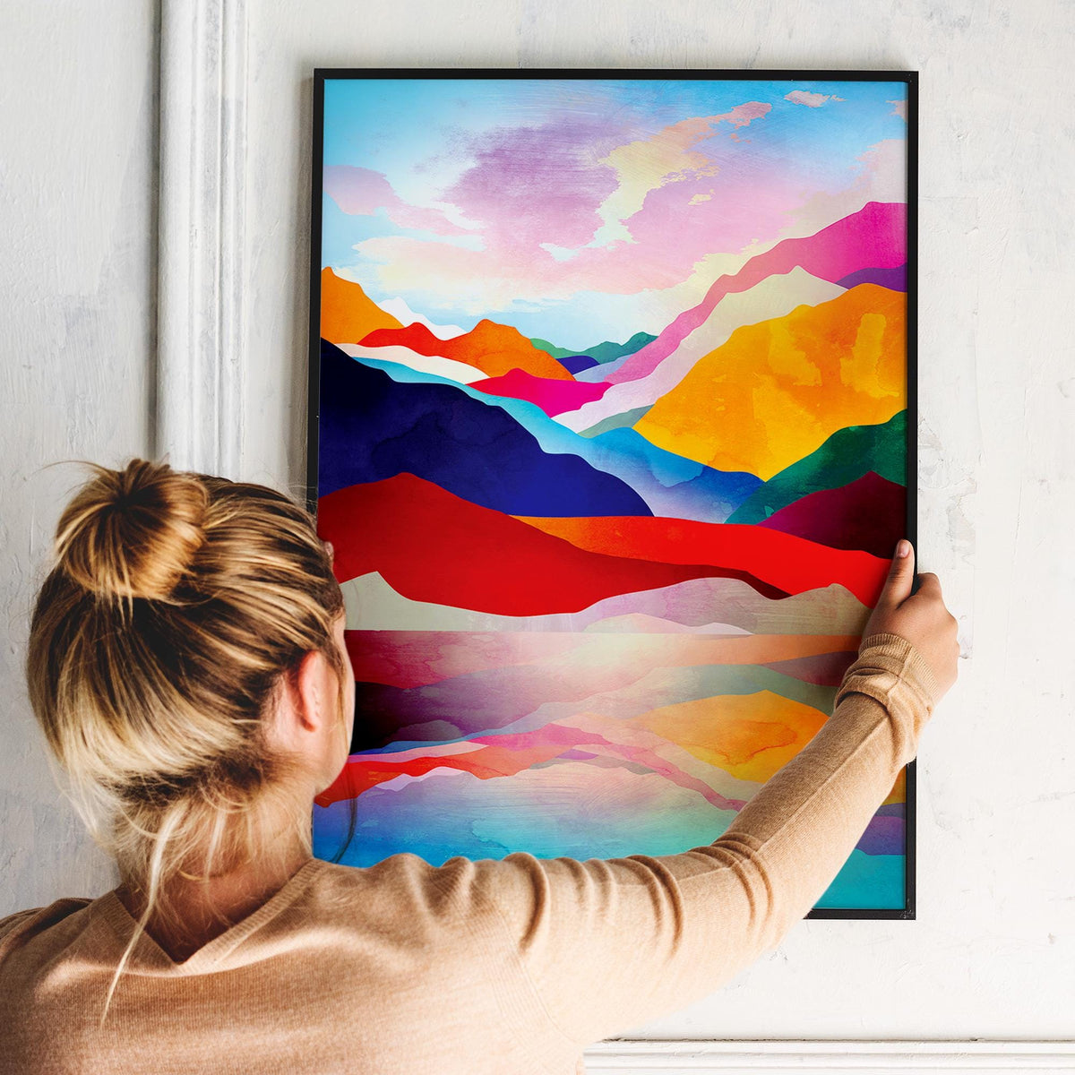 Mountain Lake Sunset Art Print | Colorful Landscape Illustration