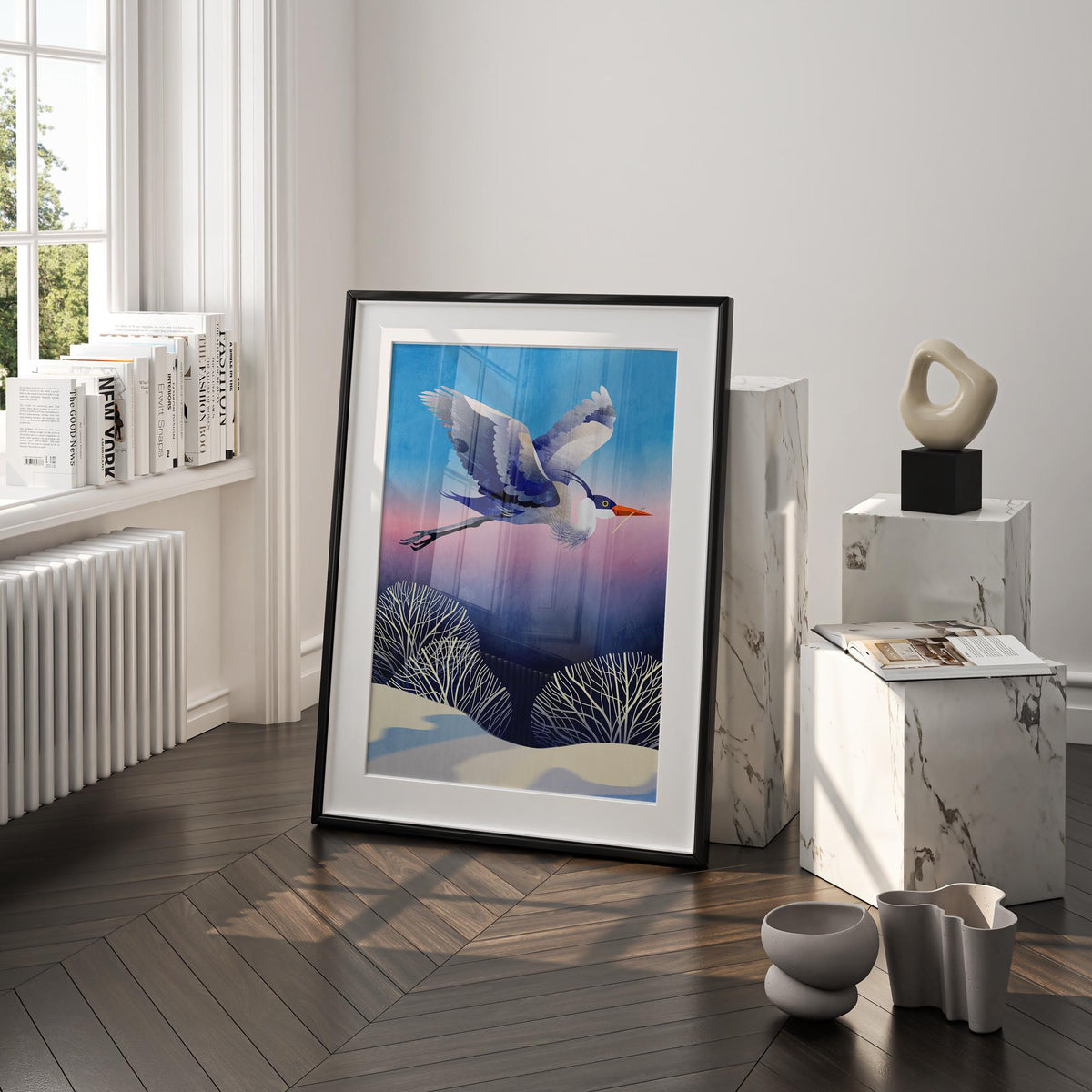 Heron Art Print | Bird Flying Over Snowy Landscape Wall Art