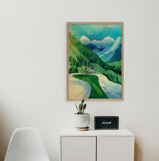 Cycling Couple Art Print | Mountain Climb Bicycle Wall Art